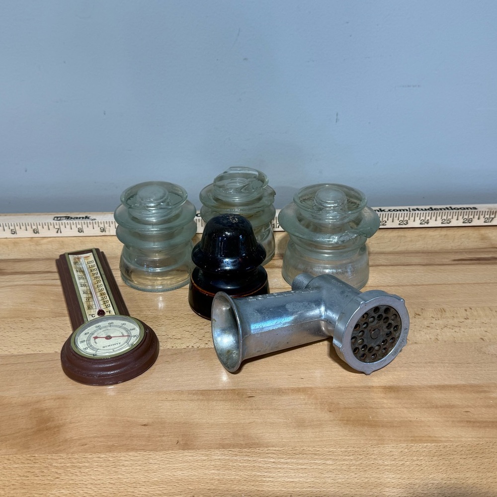 Vintage Collectible Bundle Glass Insulators, Temp Gauge  and Metal Grinder Part